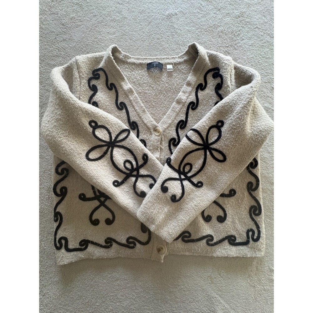 Tahari Oatmeal Beige Black Soutache Embroidered V-Neck Cardigan Sweater Large - Picture 2 of 7